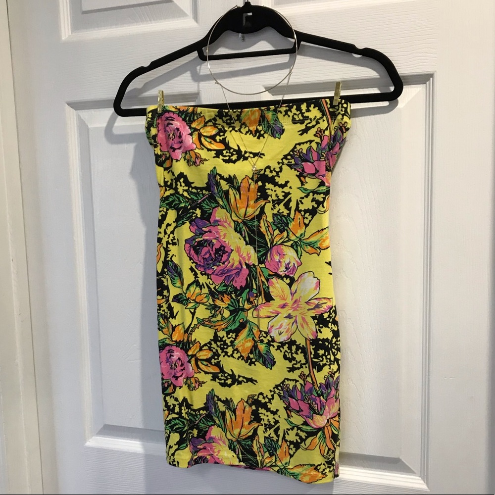 Forever 21 Strapless Yellow Floral Mini-Dress